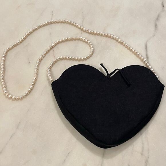 DONNI. | Black Linen Pearl Strap Mini Crush Heart-Shaped Crossbody Bag - Picture 6 of 6